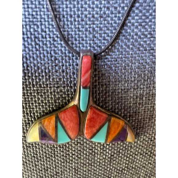 Sterling Silver 925 Whale Dolphin Tail Pendant Necklace With Colorful Gemstone - Picture 1 of 7